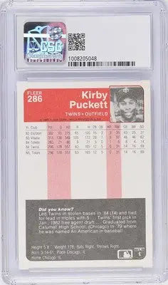 Encased Fleer Kirby Puckett baseball trading card from 1985 CGC 8.5
