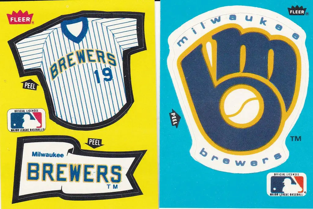Baseball-themed stickers featuring Fleer Stickers Brewers jersey and team logo design