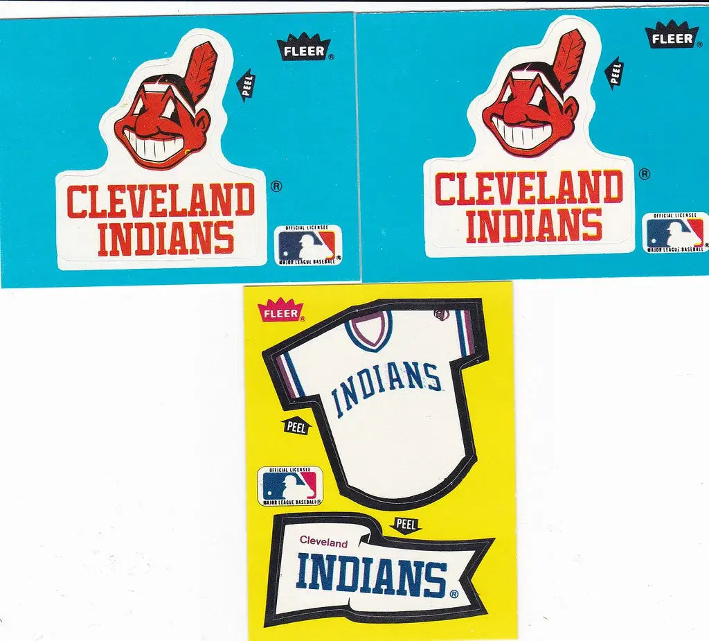 Cleveland Indians team logos on 1985 Fleer Stickers featuring jersey and pennant design