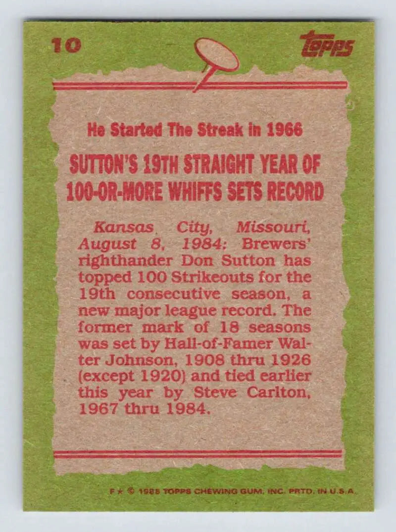 1985 Topps #10 Don Sutton EX Excellent Milwaukee Brewers Baseball Card - Baseball Card Single