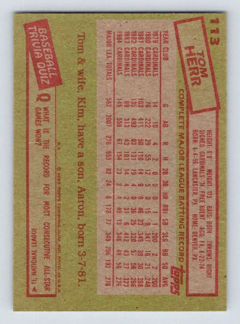 1985 Topps #113 Tom Herr EX Excellent St. Louis Cardinals Baseball Card - Baseball Card Single
