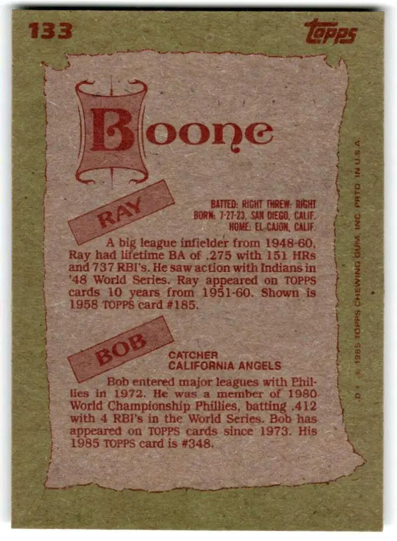 1985 Topps #133 Ray Boone/Bob Boone EX Excellent Detroit Tigers/California Angels Baseball Card - Baseball Card Single
