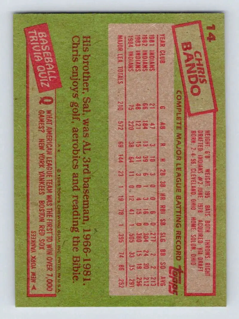 1985 Topps #14 Chris Bando EX Excellent Cleveland Indians Baseball Card - Baseball Card Single