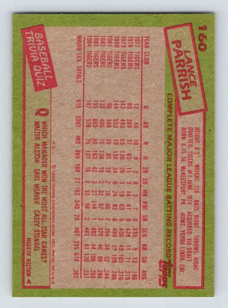1985 Topps #160 Lance Parrish EX Excellent Detroit Tigers Baseball Card - Baseball Card Single
