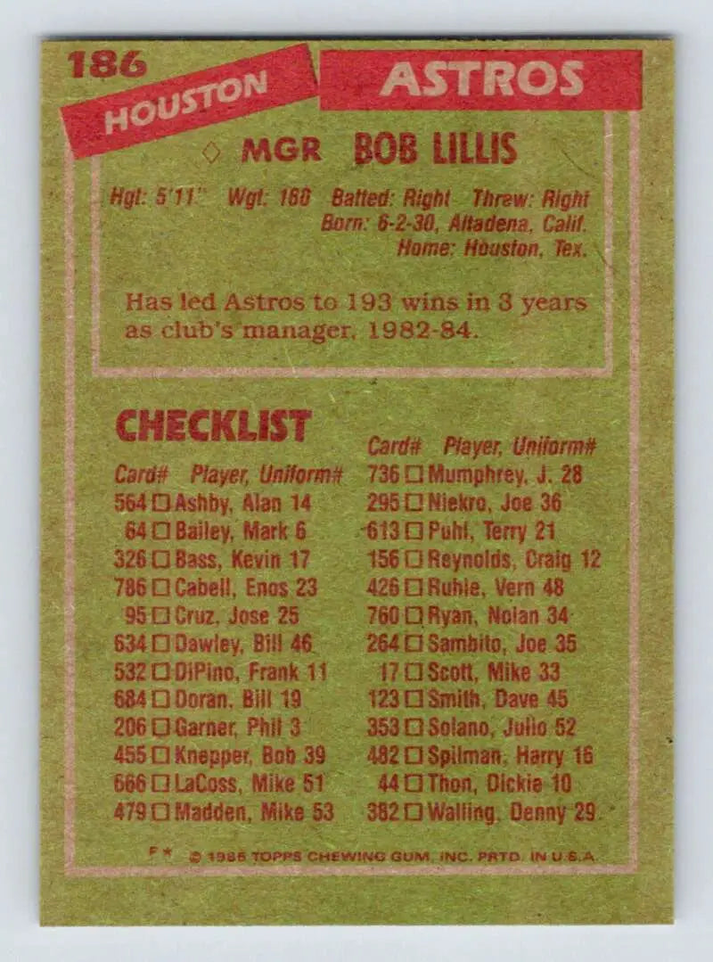1985 Topps #186 Bob Lillis EX Excellent Houston Astros Baseball Card - Baseball Card Single
