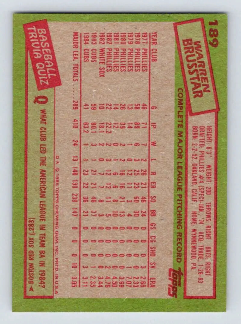 1985 Topps #189 Warren Brusstar EX Excellent Chicago Cubs Baseball Card - Baseball Card Single