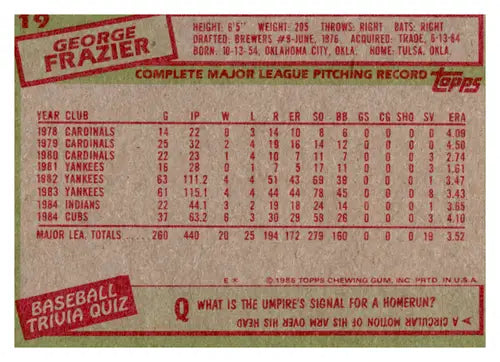 Baseball card back with original gloss featuring George Frazier from 1985 Topps
