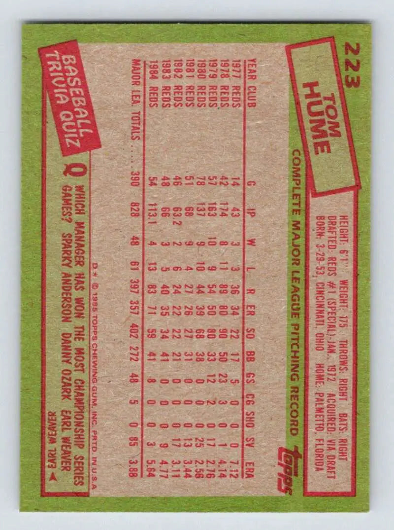 1985 Topps #223 Tom Hume EX Excellent Cincinnati Reds Baseball Card - Baseball Card Single