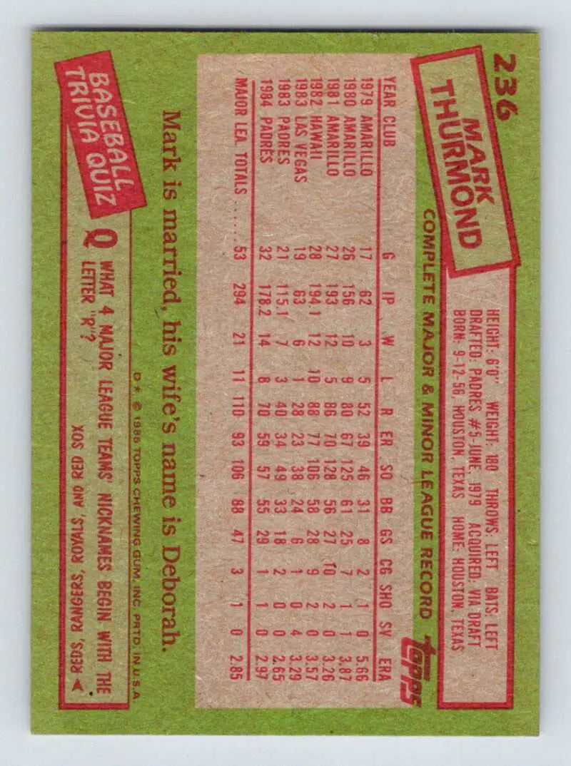 1985 Topps #236 Mark Thurmond EX Excellent San Diego Padres Baseball Card - Baseball Card Single