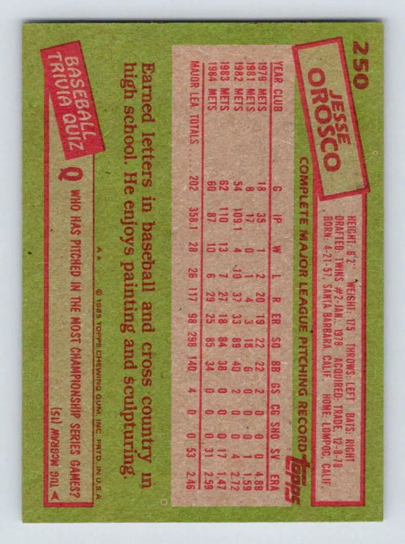 1985 Topps #250 Jesse Orosco EX Excellent New York Mets Baseball Card - Baseball Card Single