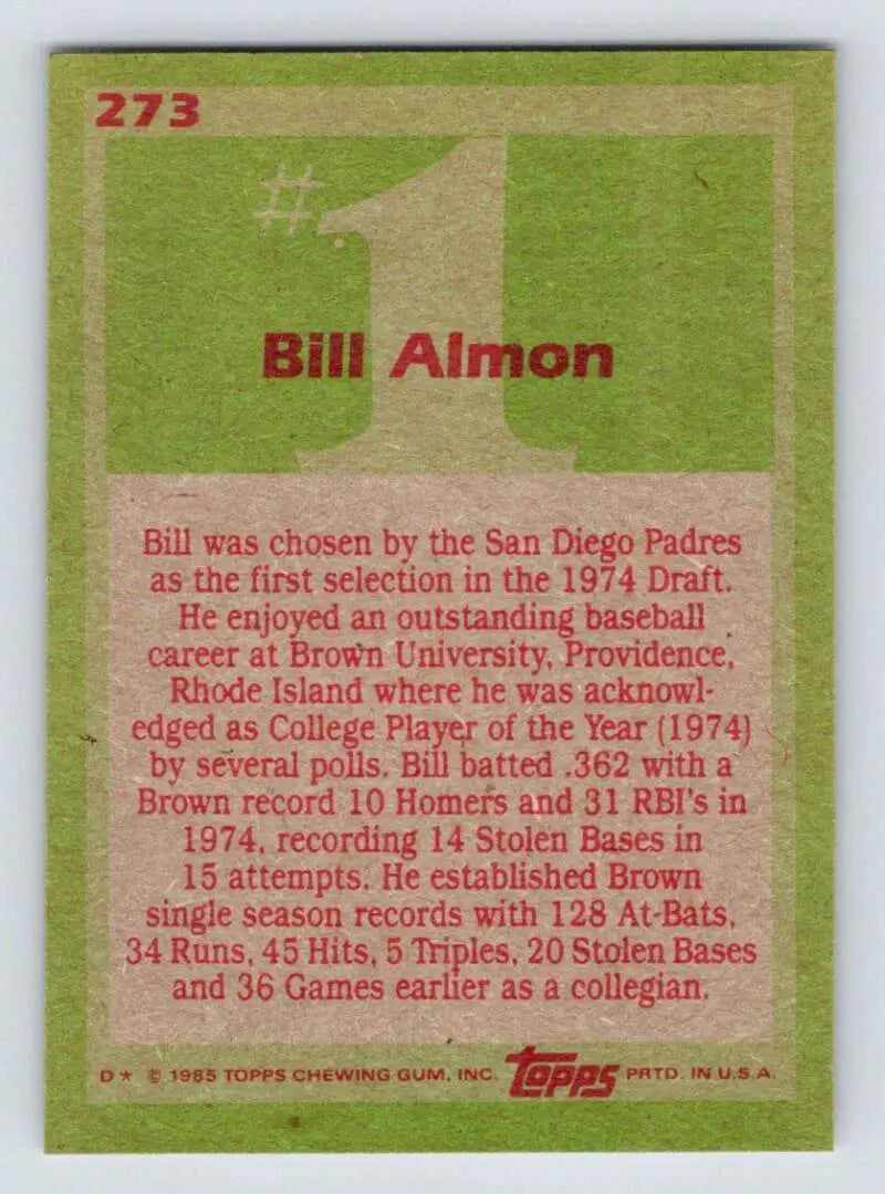 1985 Topps #273 Bill Almon EX Excellent San Diego Padres Baseball Card - Baseball Card Single