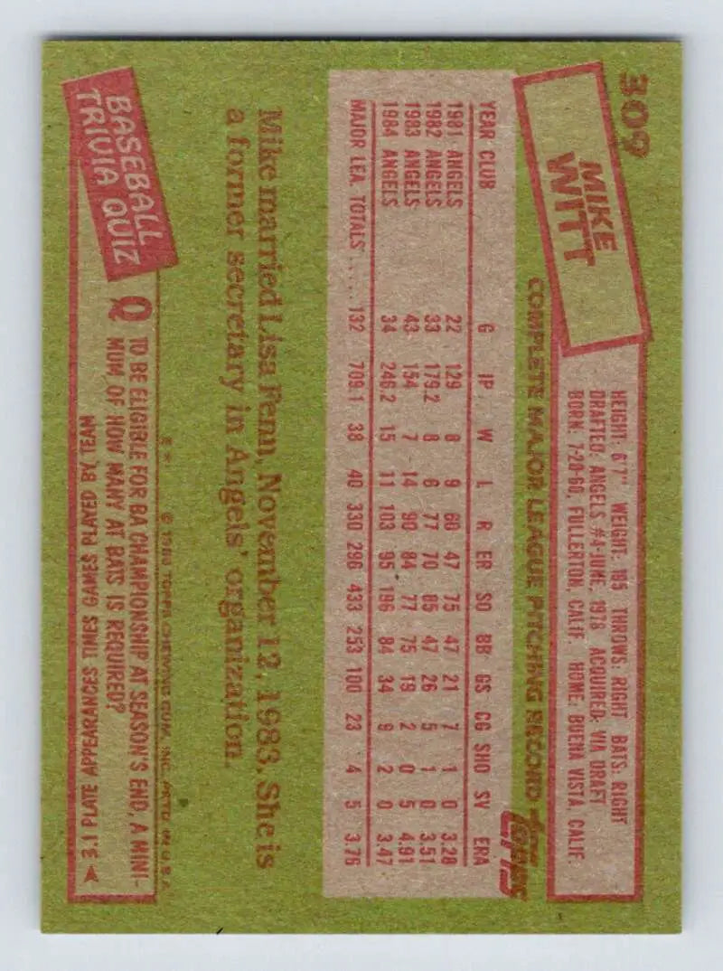 1985 Topps #309 Mike Witt EX Excellent California Angels Baseball Card - Baseball Card Single