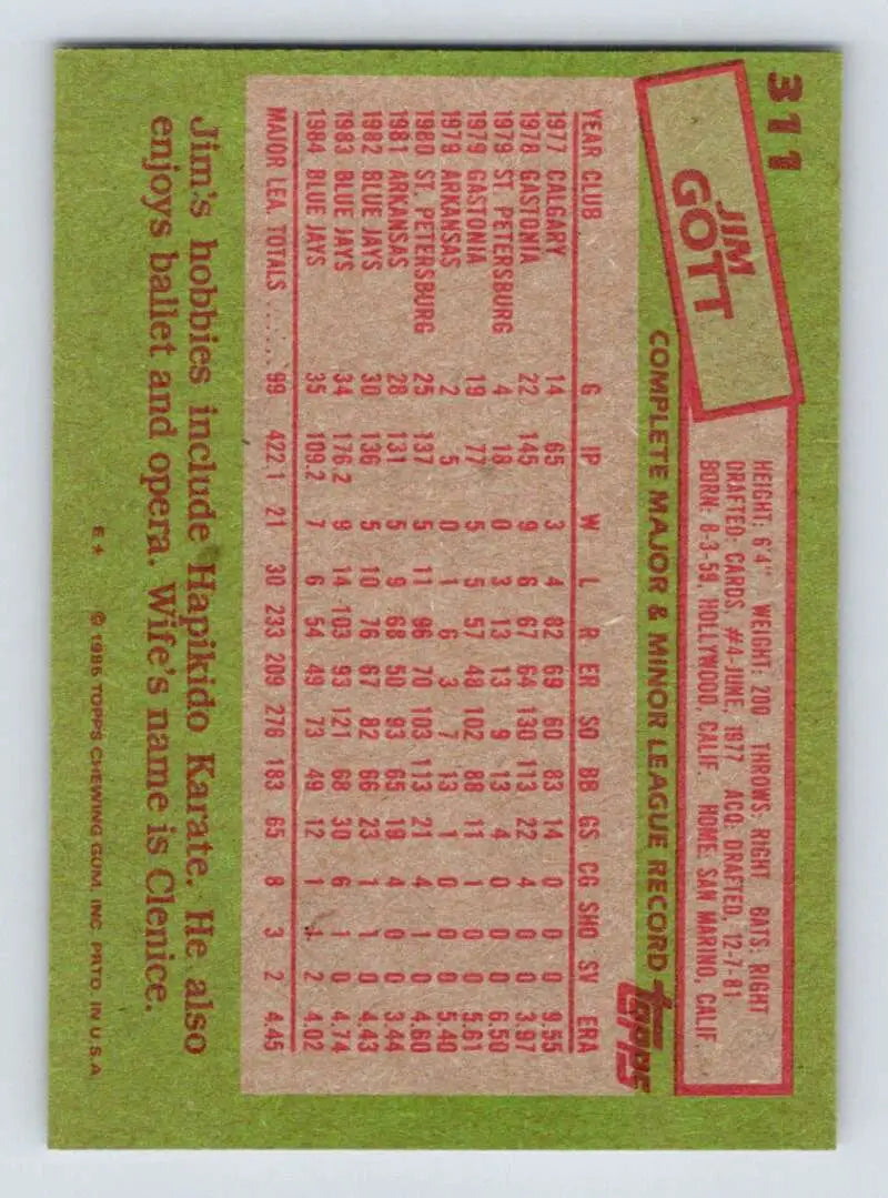 1985 Topps #311 Jim Gott EX Excellent Toronto Blue Jays Baseball Card - Baseball Card Single