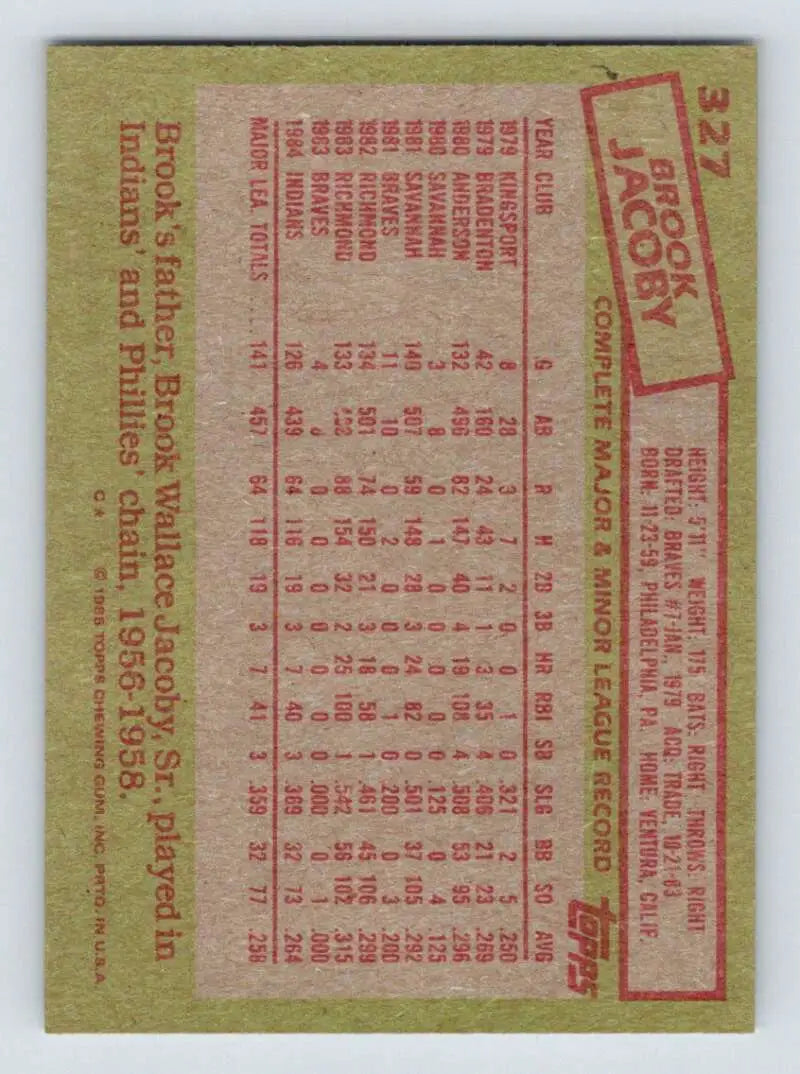 1985 Topps #327 Brook Jacoby EX Excellent Cleveland Indians Baseball Card - Baseball Card Single