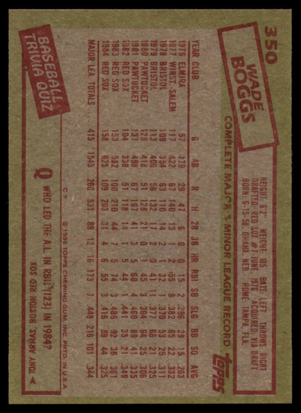 1985 Topps #350 Wade Boggs EX Excellent Boston Red Sox Baseball Card - Baseball Card Single