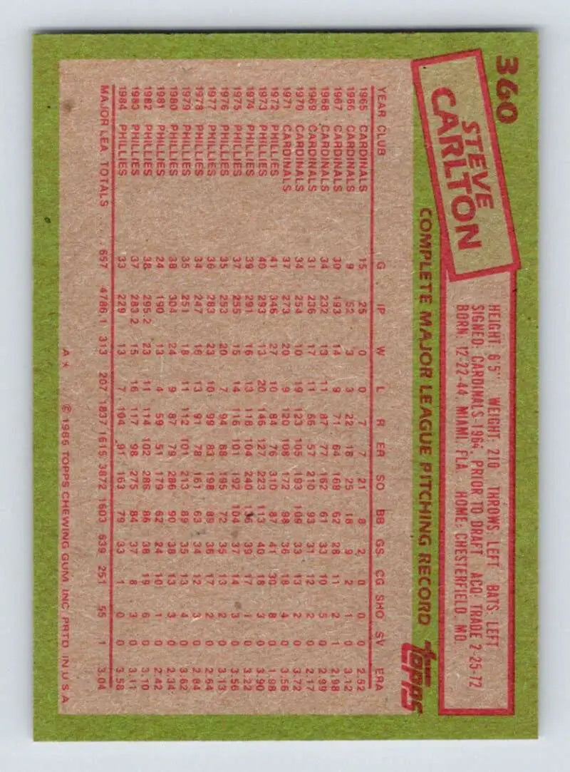 1985 Topps #360 Steve Carlton EX Excellent Philadelphia Phillies Baseball Card - Baseball Card Single