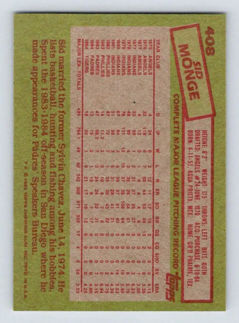 1985 Topps #408 Sid Monge EX Excellent Detroit Tigers Baseball Card - Baseball Card Single