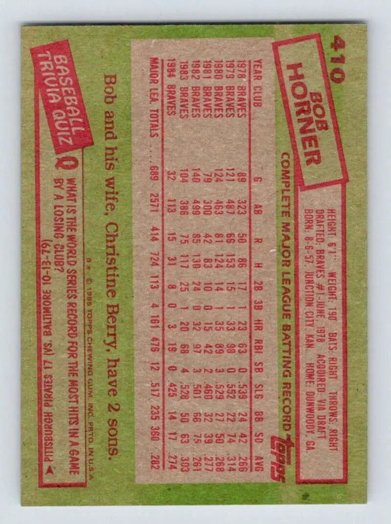 1985 Topps #410 Bob Horner EX Excellent Atlanta Braves Baseball Card - Baseball Card Single