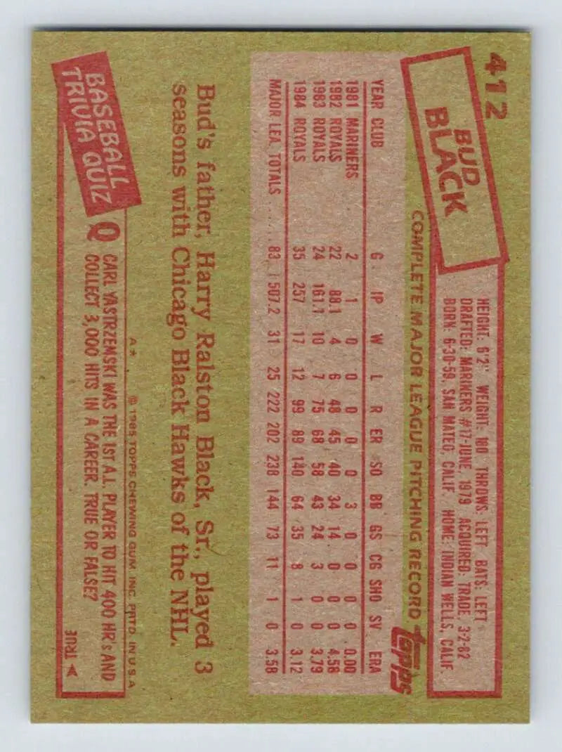 1985 Topps #412 Bud Black EX Excellent Kansas City Royals Baseball Card - Baseball Card Single