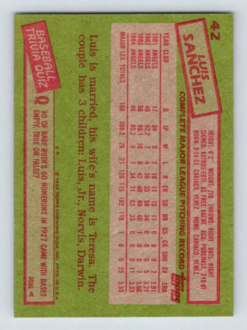 1985 Topps #42 Luis Sanchez EX Excellent California Angels Baseball Card - Baseball Card Single