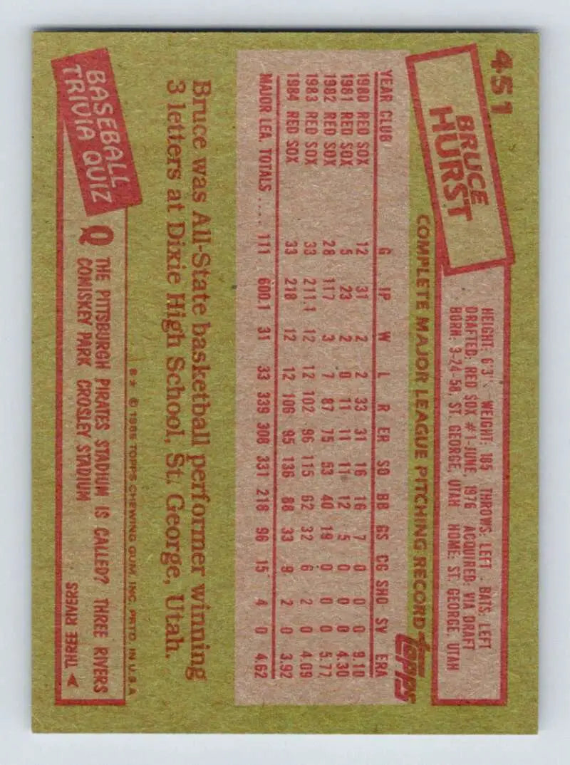 1985 Topps #451 Bruce Hurst EX Excellent Boston Red Sox Baseball Card - Baseball Card Single