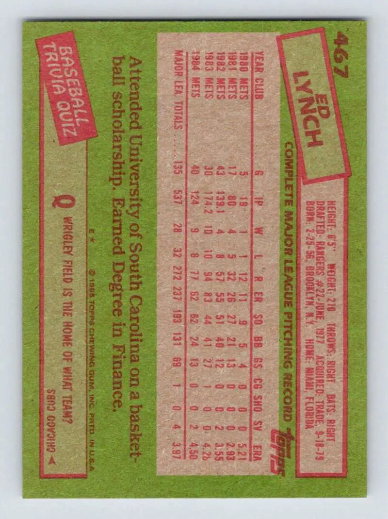 1985 Topps #467 Ed Lynch EX Excellent New York Mets Baseball Card - Baseball Card Single