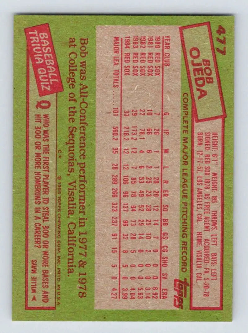 1985 Topps #477 Bob Ojeda EX Excellent Boston Red Sox Baseball Card - Baseball Card Single