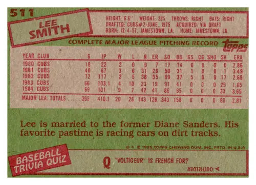 Original gloss Lee Smith baseball card from 1985 Topps Cubs collection