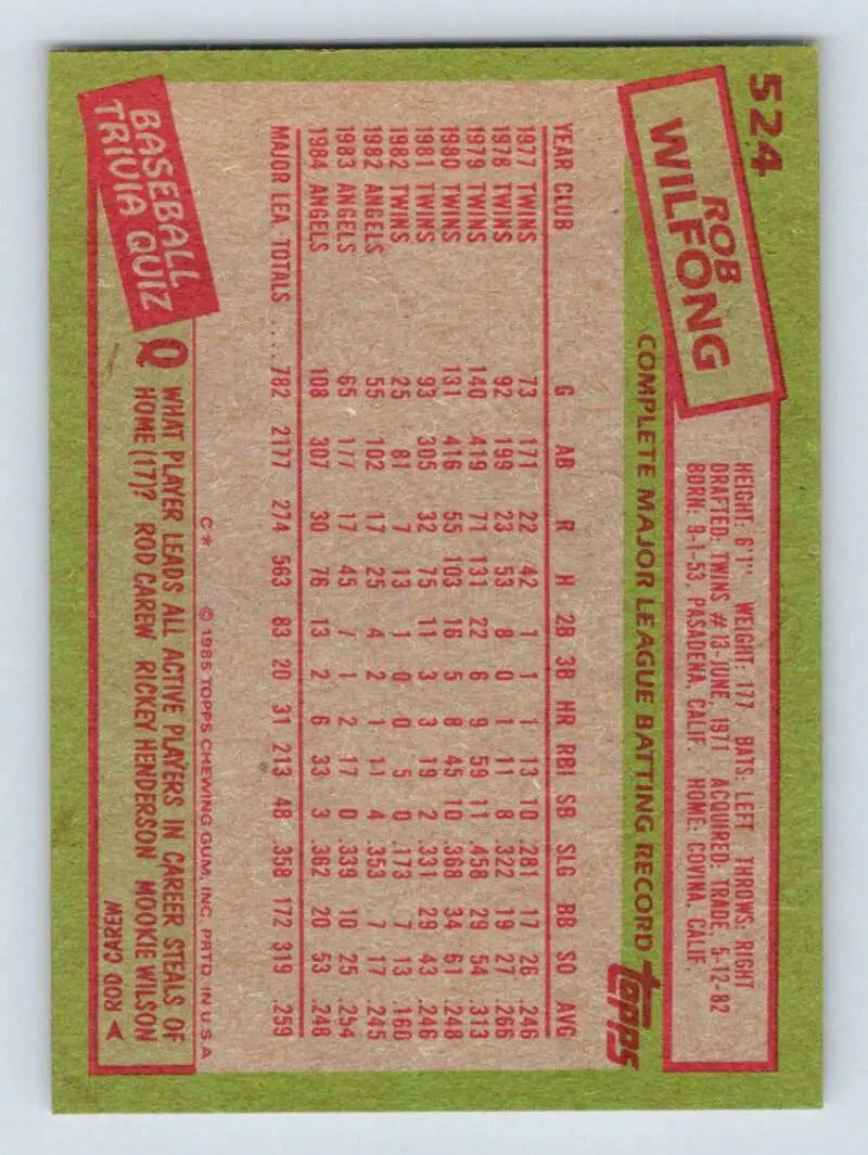 1985 Topps #524 Rob Wilfong EX Excellent California Angels Baseball Card - Baseball Card Single