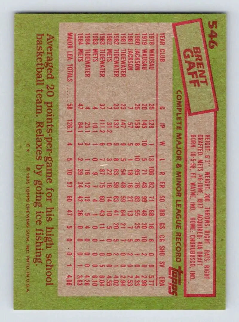 1985 Topps #546 Brent Gaff EX Excellent New York Mets Baseball Card - Baseball Card Single