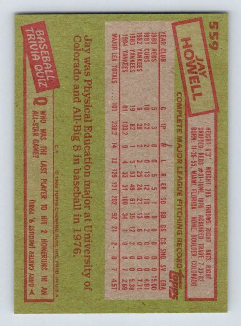 1985 Topps #559 Jay Howell EX Excellent New York Yankees Baseball Card - Baseball Card Single