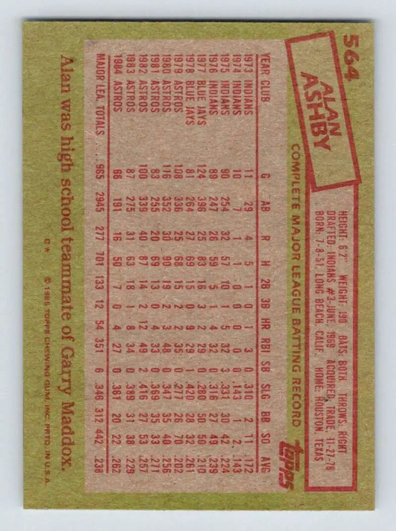 1985 Topps #564 Alan Ashby EX Excellent Houston Astros Baseball Card - Baseball Card Single