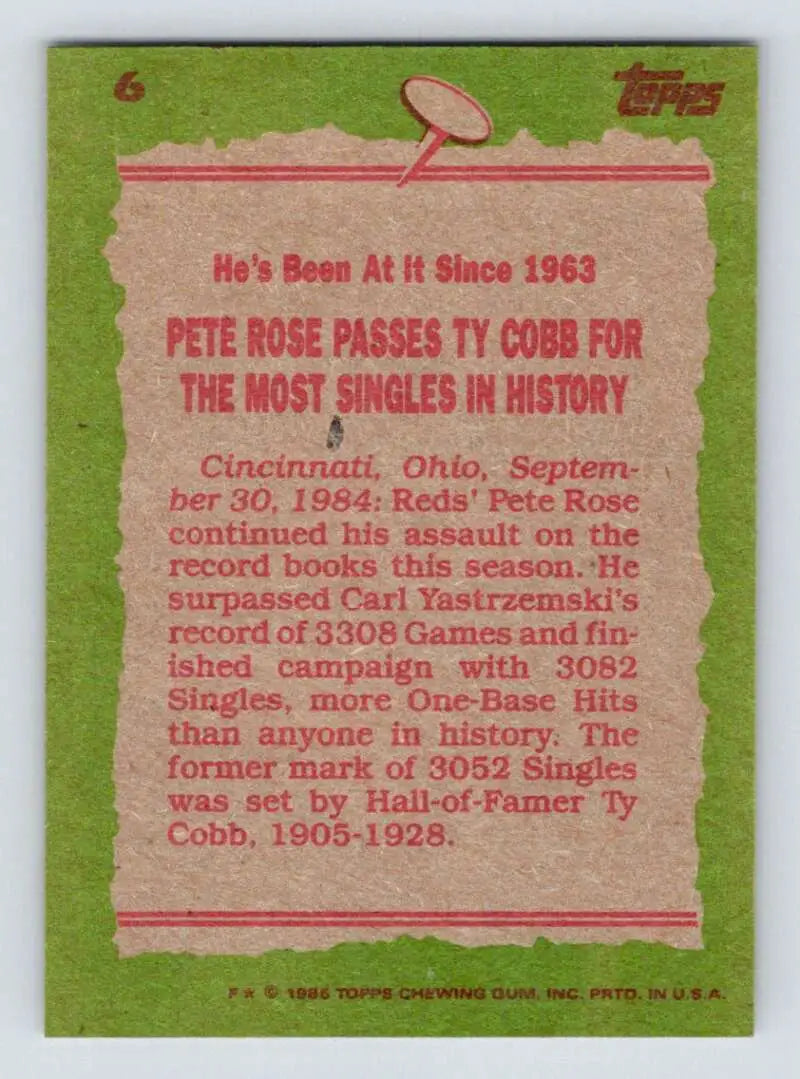 1985 Topps #6 Pete Rose EX Excellent Cincinnati Reds Baseball Card - Baseball Card Single