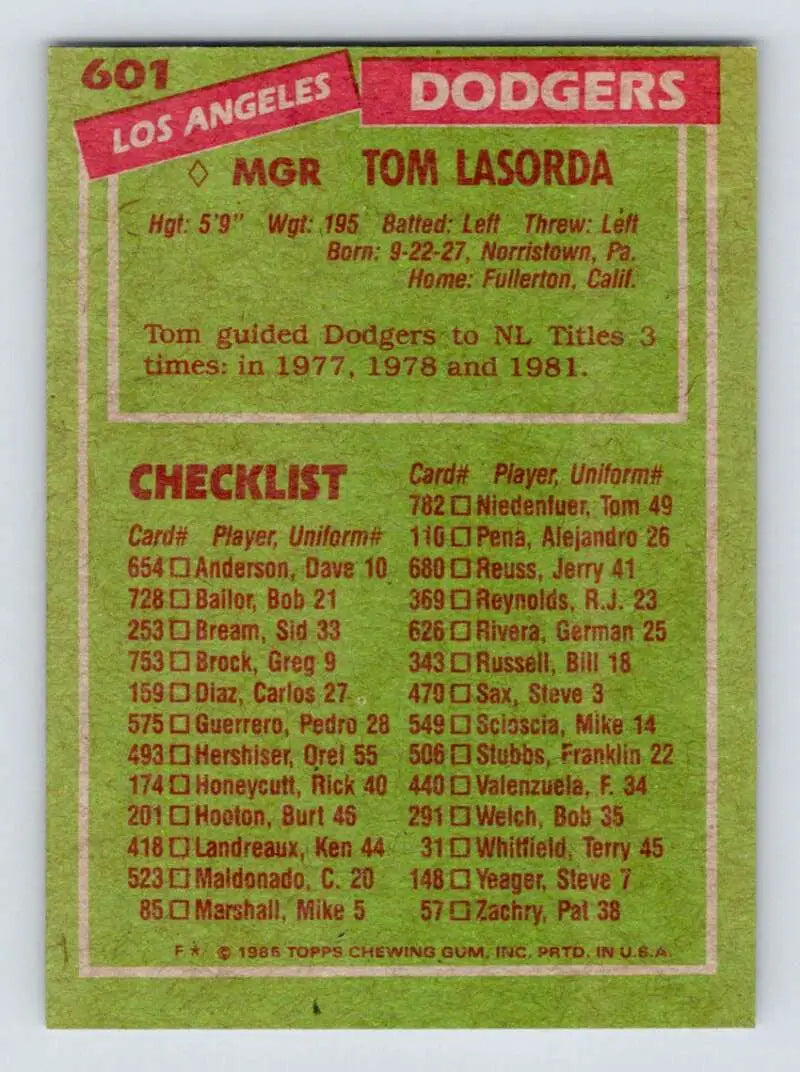 1985 Topps #601 Tommy Lasorda EX Excellent Los Angeles Dodgers Baseball Card - Baseball Card Single