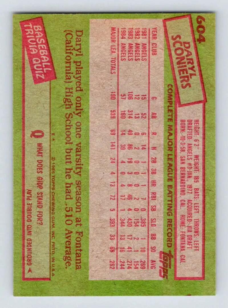 1985 Topps #604 Daryl Sconiers EX Excellent California Angels Baseball Card - Baseball Card Single