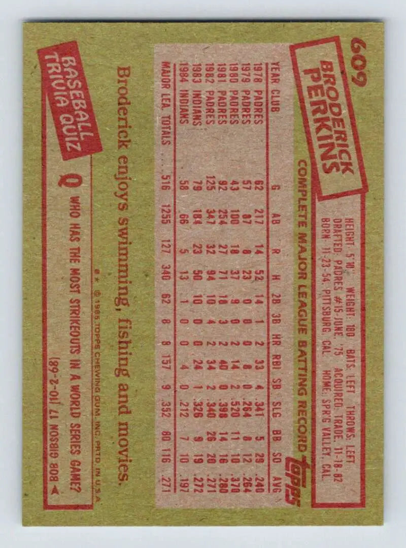 1985 Topps #609 Broderick Perkins EX Excellent Cleveland Indians Baseball Card - Baseball Card Single