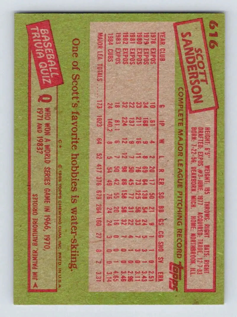 1985 Topps #616 Scott Sanderson EX Excellent Chicago Cubs Baseball Card - Baseball Card Single