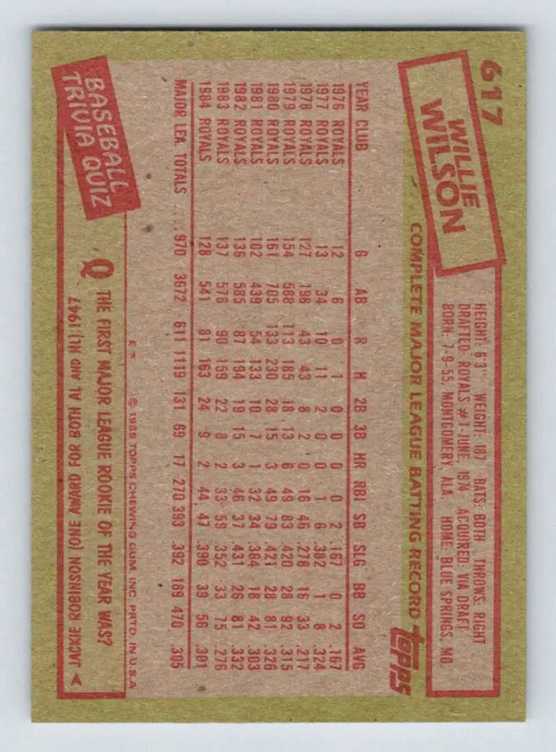 1985 Topps #617 Willie Wilson EX Excellent Kansas City Royals Baseball Card - Baseball Card Single