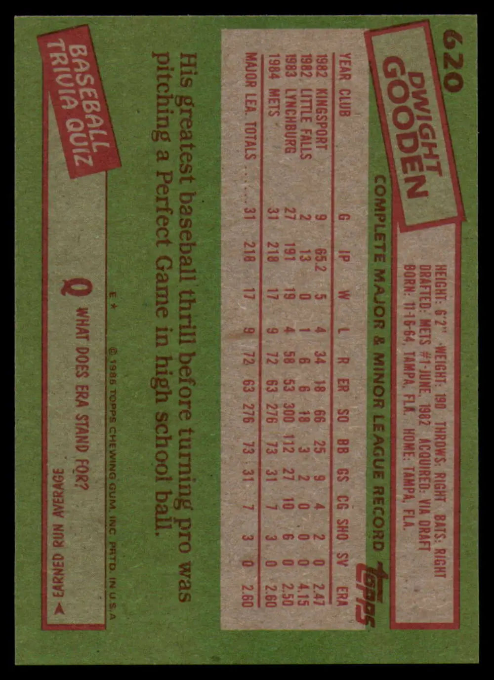1985 Topps #620 Dwight Gooden EX Excellent RC Rookie New York Mets Baseball Card - Baseball Card Single