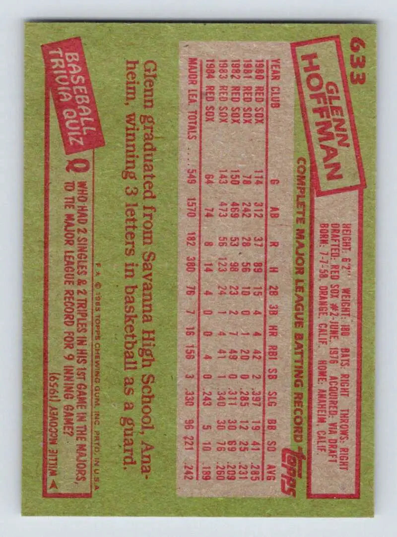1985 Topps #633 Glenn Hoffman EX Excellent Boston Red Sox Baseball Card - Baseball Card Single