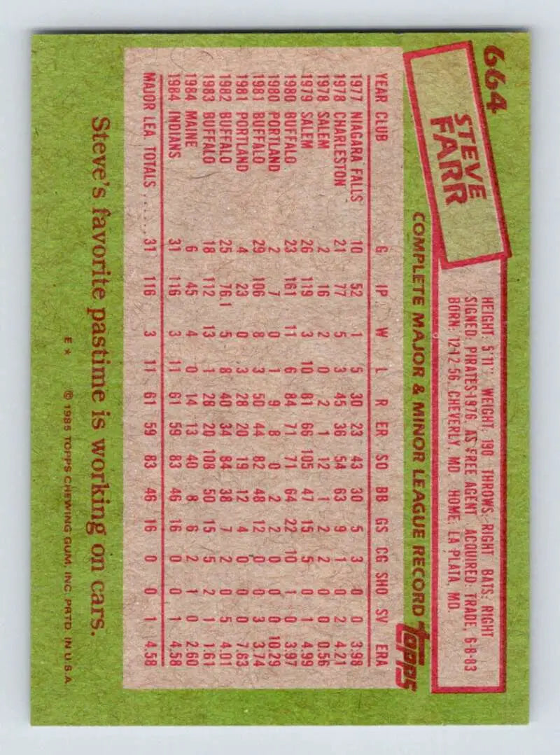 1985 Topps #664 Steve Farr EX Excellent RC Rookie Cleveland Indians Baseball Card - Baseball Card Single