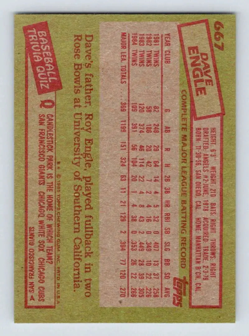 1985 Topps #667 Dave Engle EX Excellent Minnesota Twins Baseball Card - Baseball Card Single