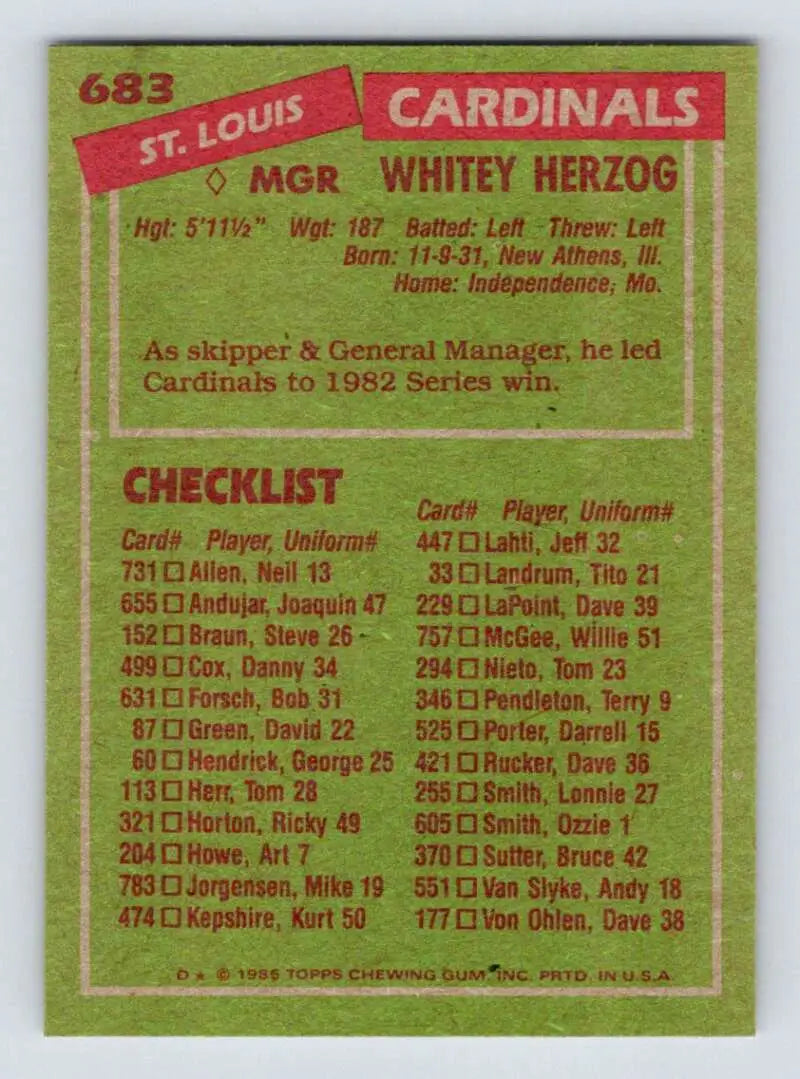 1985 Topps #683 Whitey Herzog EX Excellent St. Louis Cardinals Baseball Card - Baseball Card Single