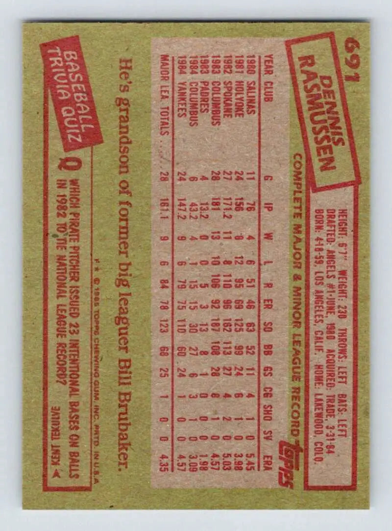 1985 Topps #691 Dennis Rasmussen EX Excellent New York Yankees Baseball Card - Baseball Card Single
