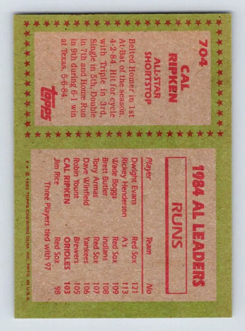 1985 Topps #704 Cal Ripken Jr. EX Excellent Baltimore Orioles Baseball Card - Baseball Card Single