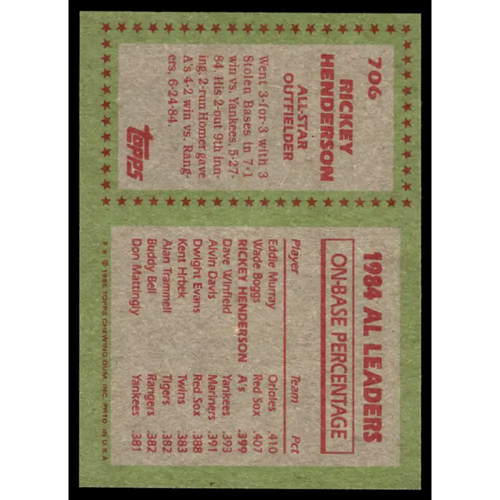1985 Topps #706 Rickey Henderson NM-MT Oakland Athletics Baseball Card - Baseball Card Single