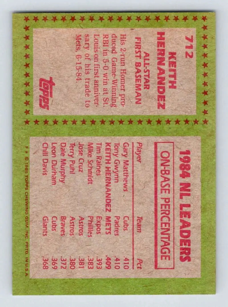 1985 Topps #712 Keith Hernandez EX Excellent New York Mets Baseball Card - Baseball Card Single