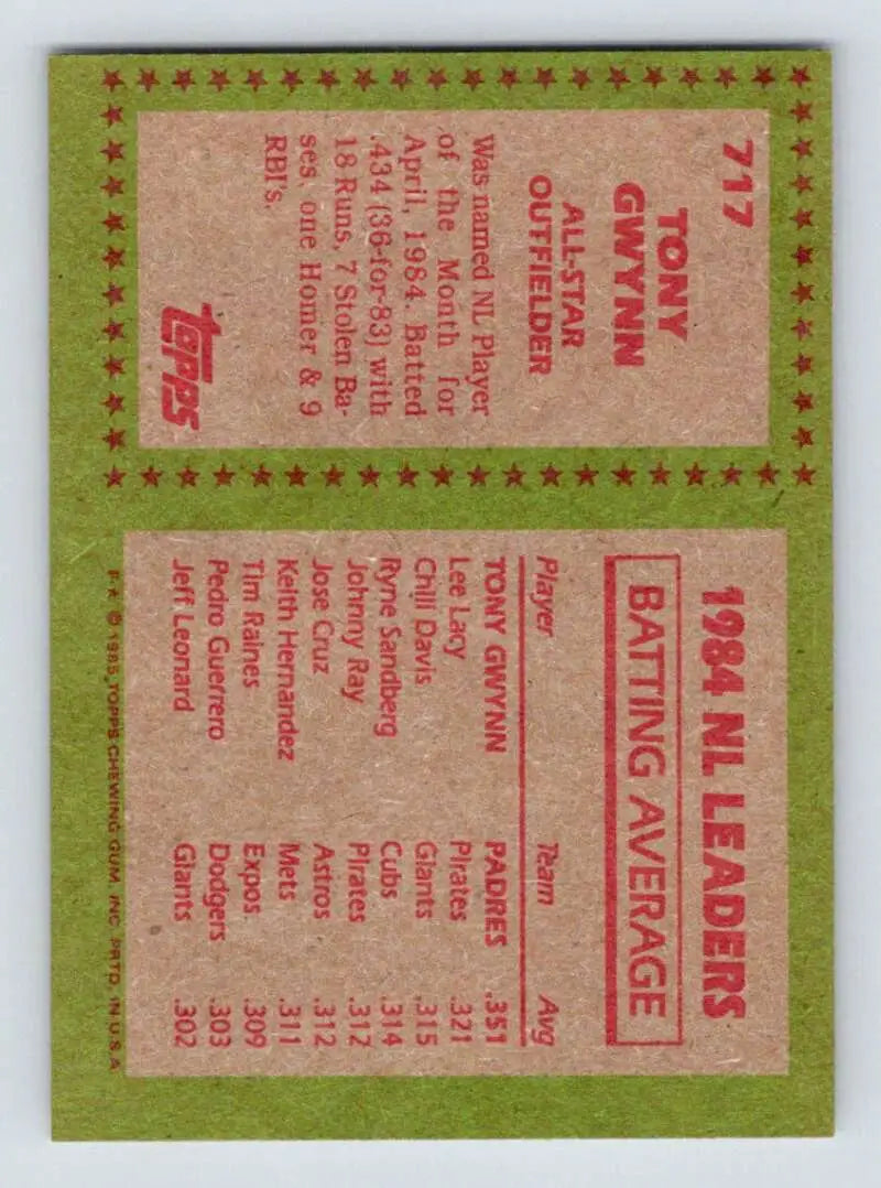 1985 Topps #717 Tony Gwynn EX Excellent San Diego Padres Baseball Card - Baseball Card Single