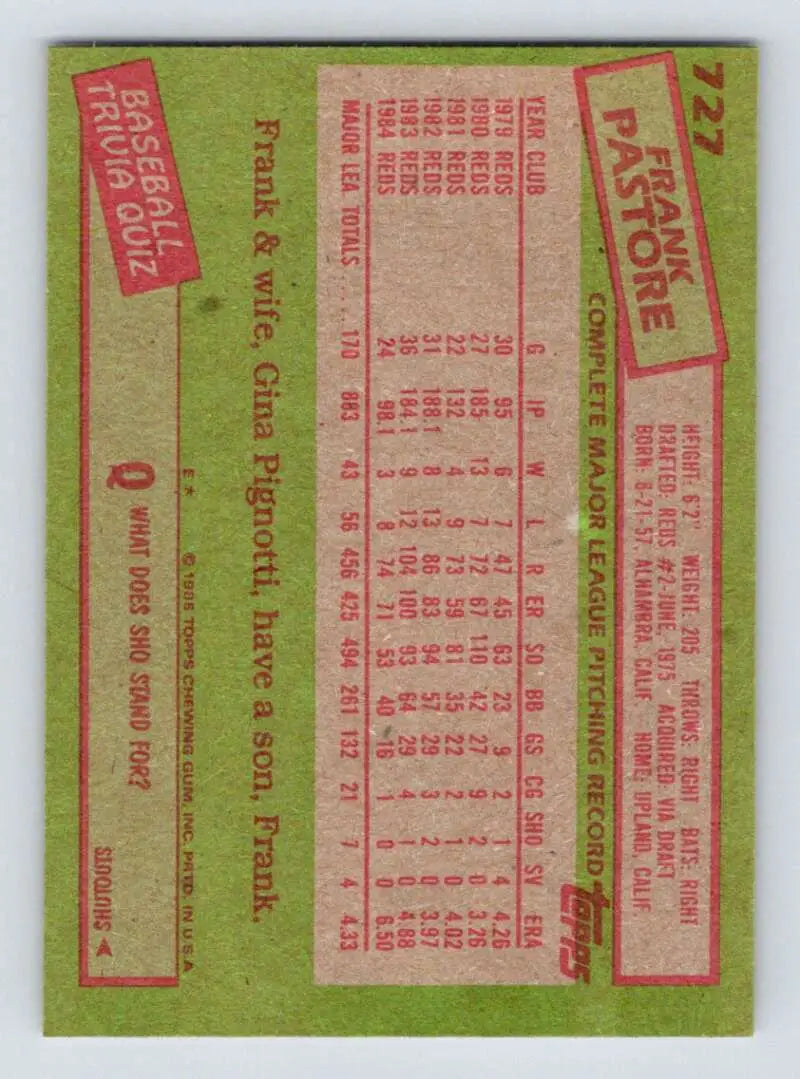 1985 Topps #727 Frank Pastore EX Excellent Cincinnati Reds Baseball Card - Baseball Card Single