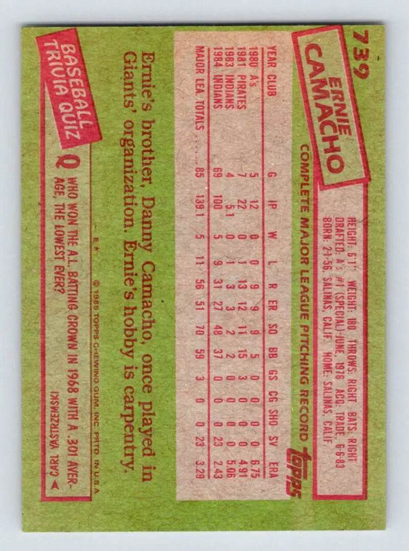 1985 Topps #739 Ernie Camacho EX Excellent Cleveland Indians Baseball Card - Baseball Card Single
